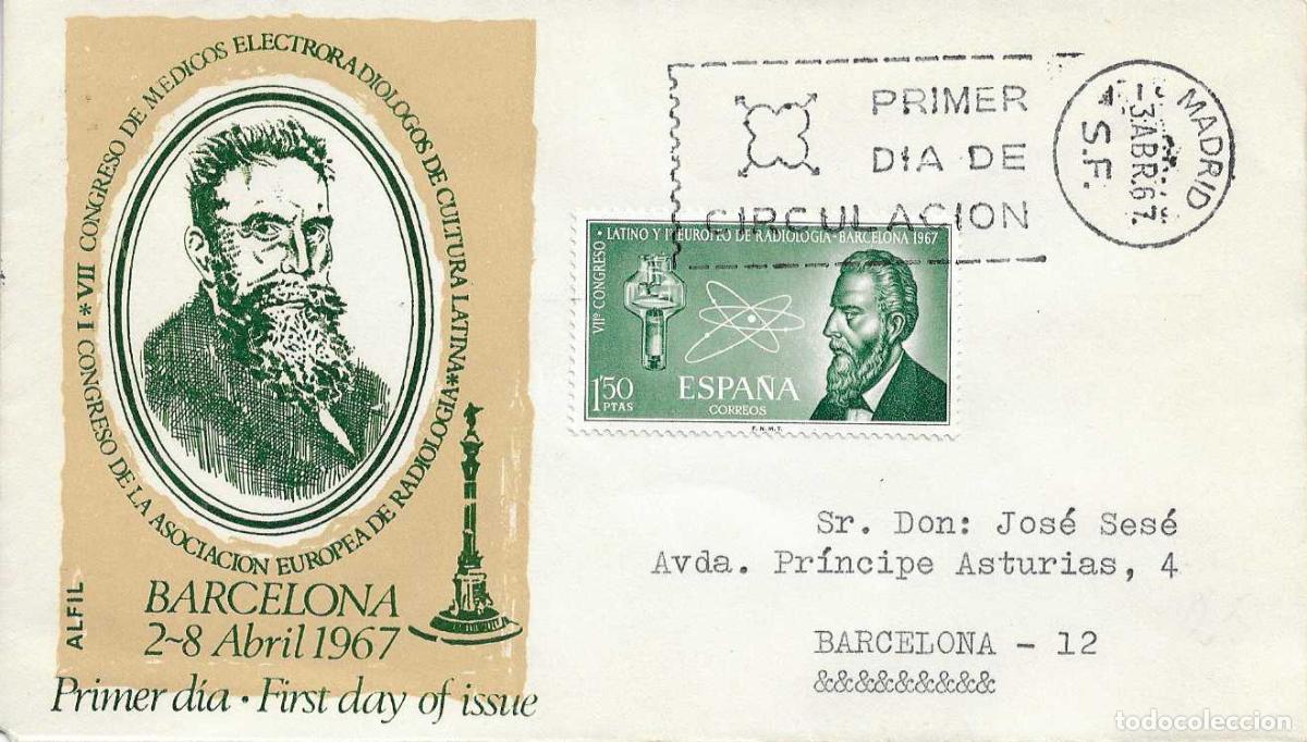 Sellos: MEDICINA RADIOLOGIA VII CONGRESO LATINO I EUROPEO 1967 (EDIFIL 1790) EN SOBRE PRIMER DIA DE ALFIL