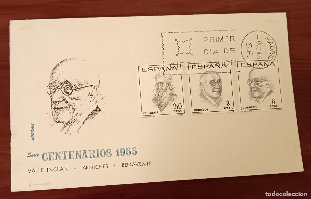 Sellos: SOBRE PRIMER D&Iacute;A SERIE CENTENARIOS 1966 VALLE INCL&Aacute;N ARNICHES BENAVENTE 17X10 CM.