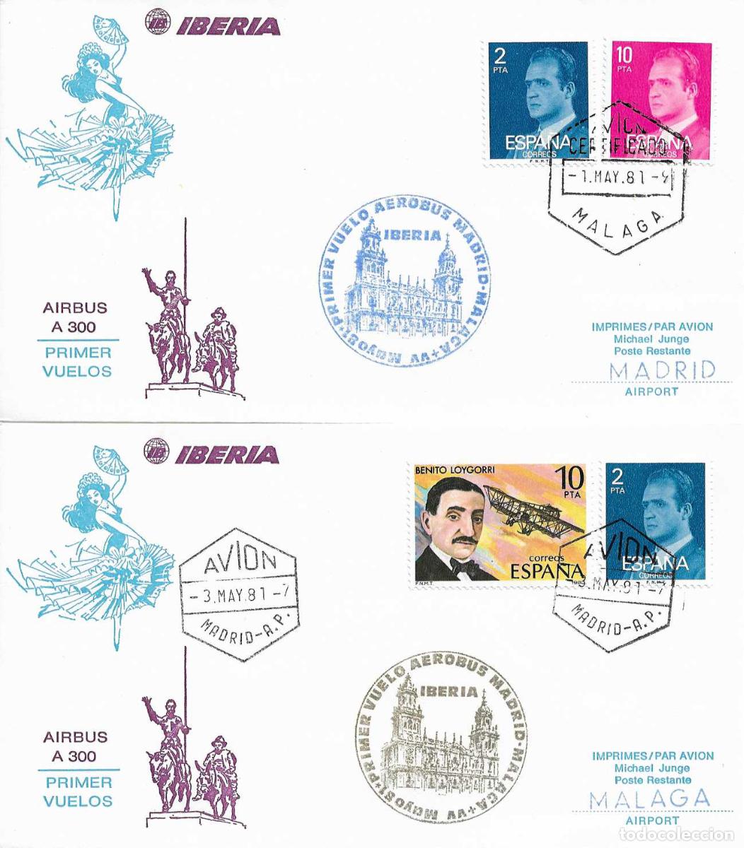 Sellos: RARO DOS MARCAS AEREAS PRIMER VUELO AEROBUS IBERIA MALAGA-MADRID-MALAGA 1981 EN SOBRES DON QUIJOTE
