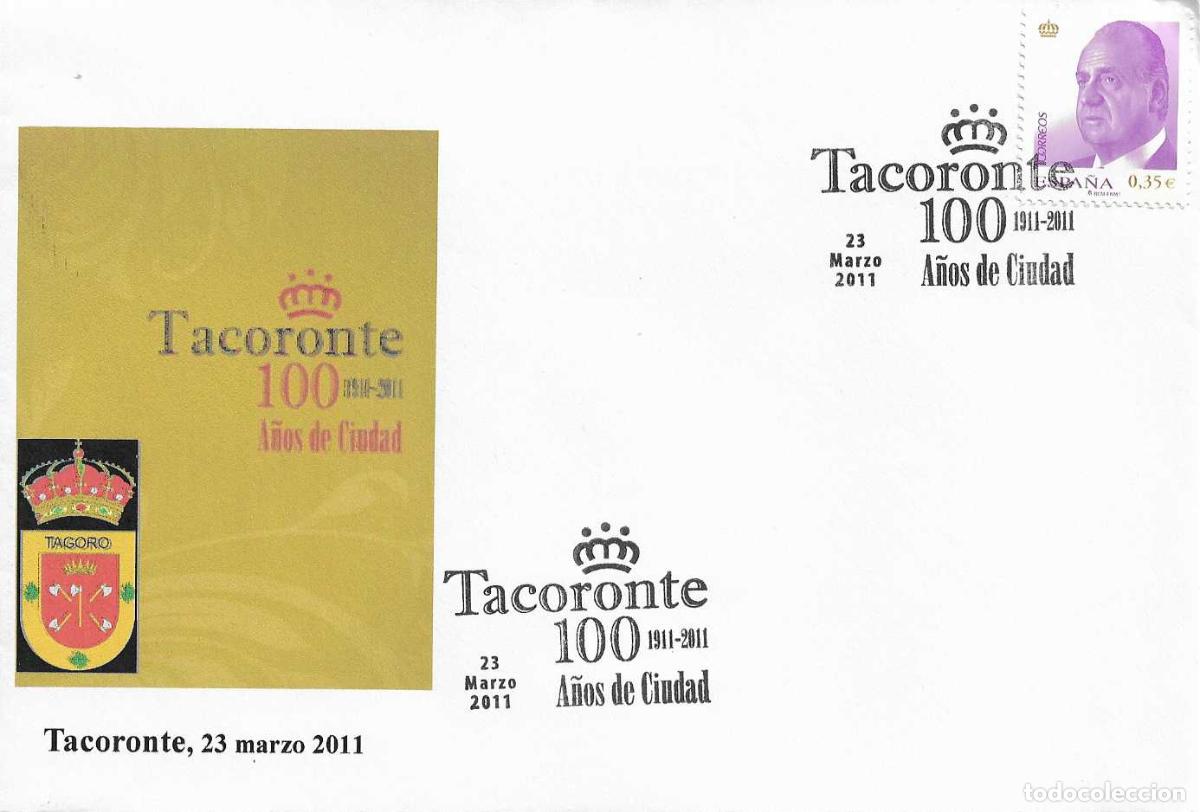 Sellos: TACORONTE 100 A&Ntilde;OS DE CIUDAD EXPOSICION, TACORONTE (CANARIAS) 2011. MATASELLOS RARO SOBRE ILUSTRADO