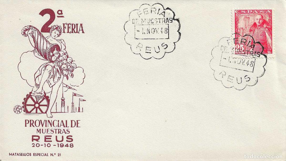 Sellos: II FERIA PROVINCIAL MUESTRAS REUS (TARRAGONA) 1 NOVIEMBRE 1948 MATASELLOS SOBRE SIN CIRCULAR QUERALT