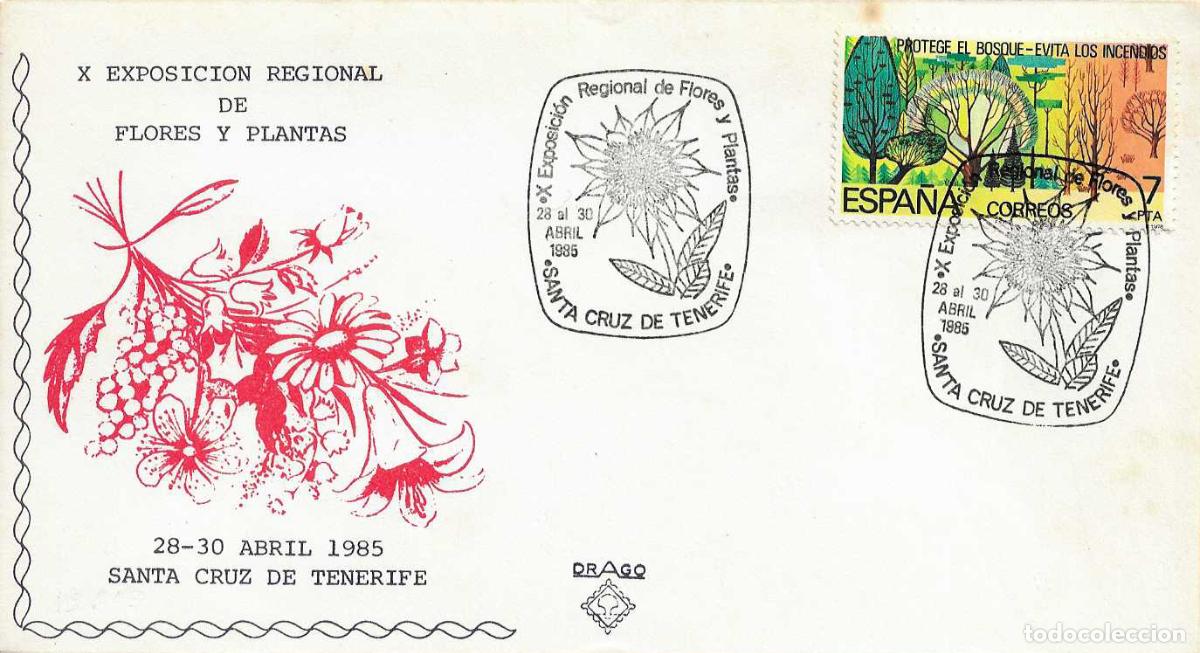 Sellos: FLORES Y PLANTAS X EXPOSICION SANTA CRUZ TENERIFE (CANARIAS) 1985. MATASELLOS EN RARO SOBRE DE DRAGO