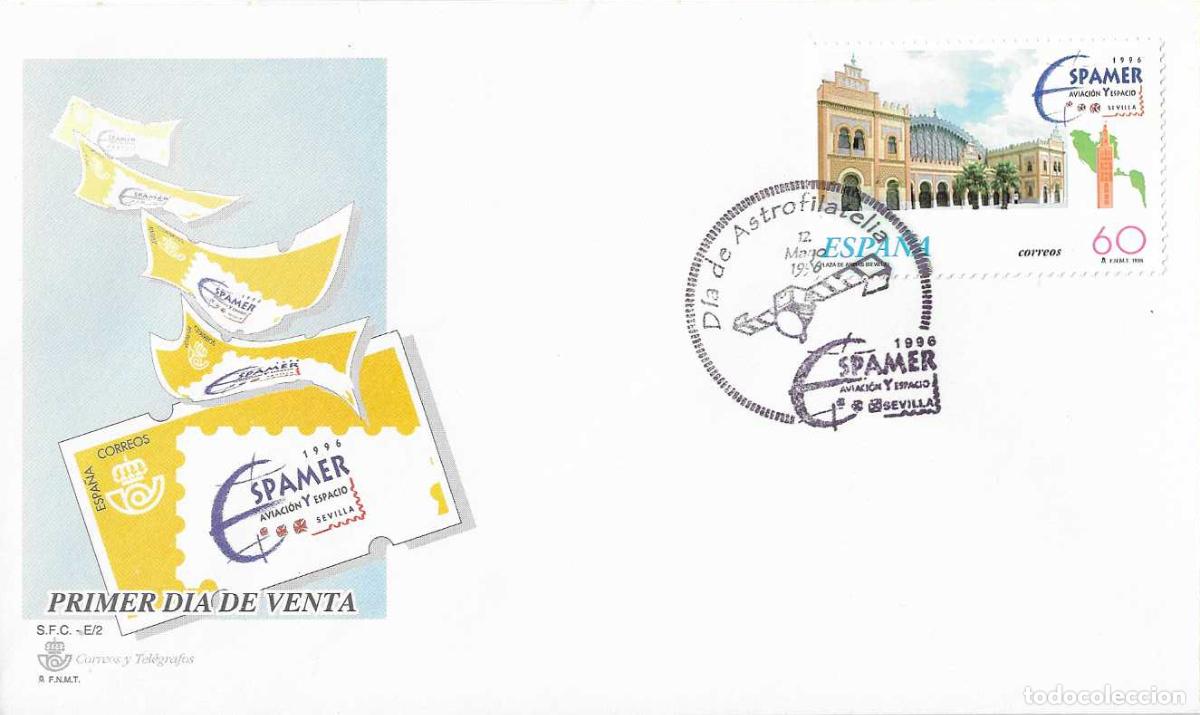 Sellos: DIA DE LA ASTROFILATELIA EN ESPAMER AVIACION Y ESPACIO, SEVILLA 12 MAYO 1996 MATASELLOS EN SOBRE SFC