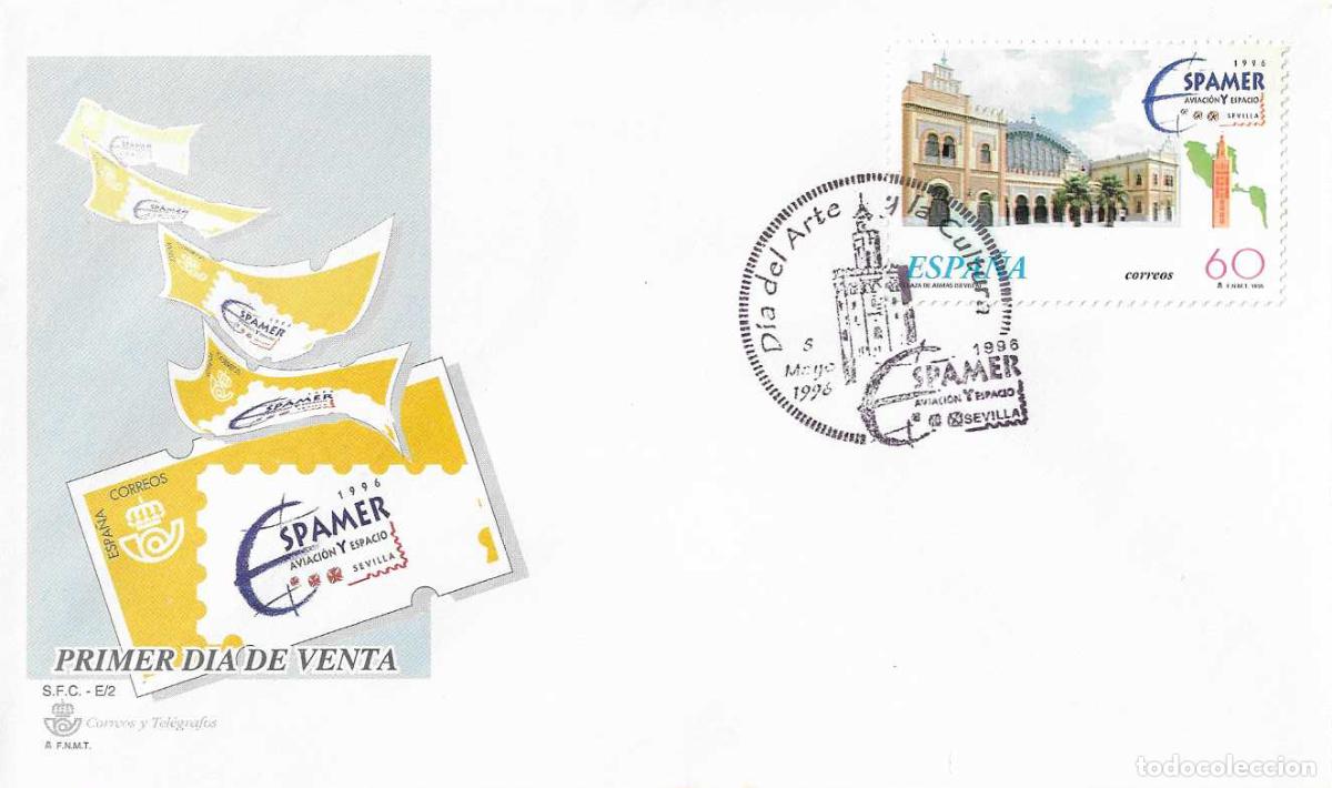 Sellos: DIA DEL ARTE Y LA CULTURA EN ESPAMER AVIACION Y ESPACIO, SEVILLA 8 MAYO 1996 MATASELLOS EN SOBRE SFC