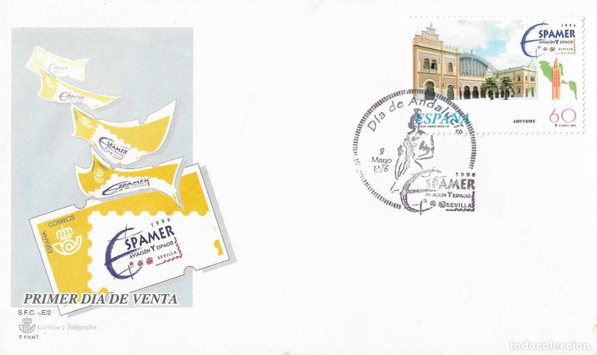 Sellos: DIA DE ANDALUCIA EN ESPAMER AVIACION Y ESPACIO, SEVILLA 9 MAYO 1996. MATASELLOS EN SOBRE DEL SFC