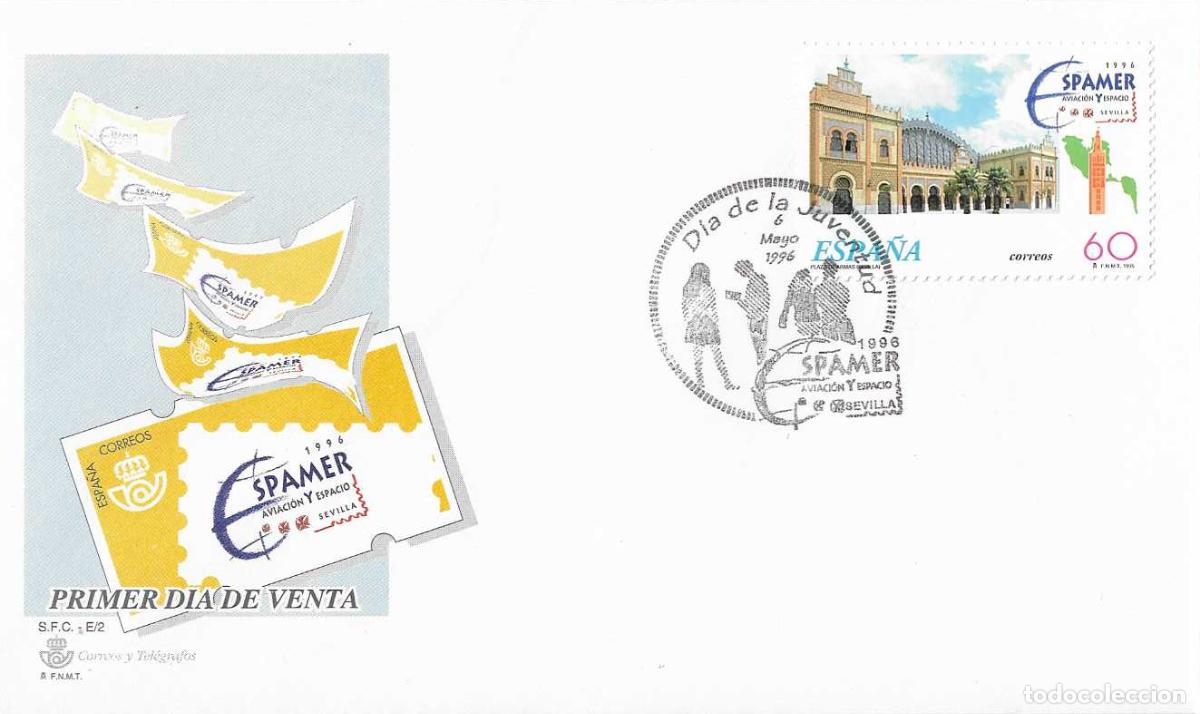Sellos: DIA DE LA JUVENTUD EN ESPAMER AVIACION Y ESPACIO, SEVILLA 6 MAYO 1996. MATASELLOS EN SOBRE DEL SFC