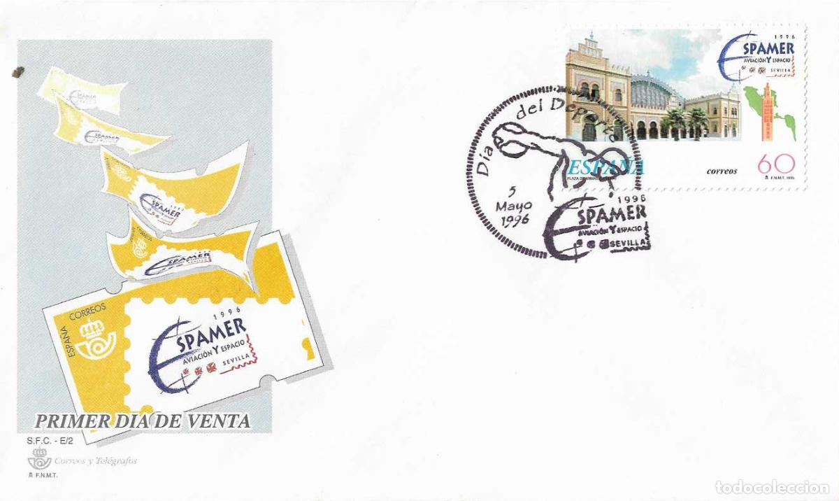 Sellos: DIA DEL DEPORTE EN ESPAMER AVIACION Y ESPACIO, SEVILLA 5 MAYO 1996. MATASELLOS EN SOBRE DEL SFC RARO