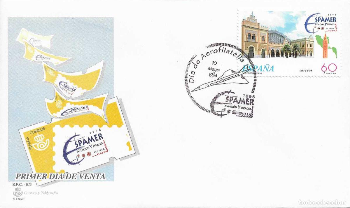 Sellos: DIA DE AEROFILATELIA EN ESPAMER AVIACION Y ESPACIO, SEVILLA 10 MAYO 1996 MATASELLOS EN SOBRE DEL SFC