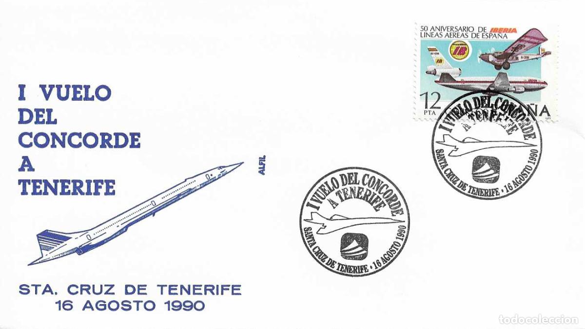 Francobolli: I VUELO DEL CONCORDE A TENERIFE, SANTA CRUZ DE TENERIFE (CANARIAS) 16 AGOSTO 1990 RARO MATASELLOS EN