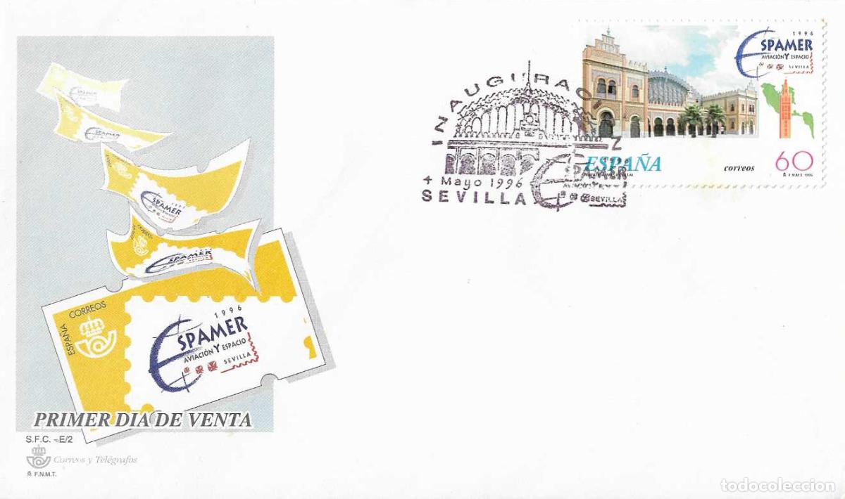 Sellos: INAUGURACION ESPAMER AVIACION Y ESPACIO, SEVILLA 4 MAYO 1996. RARO MATASELLOS EN SOBRE DEL SFC