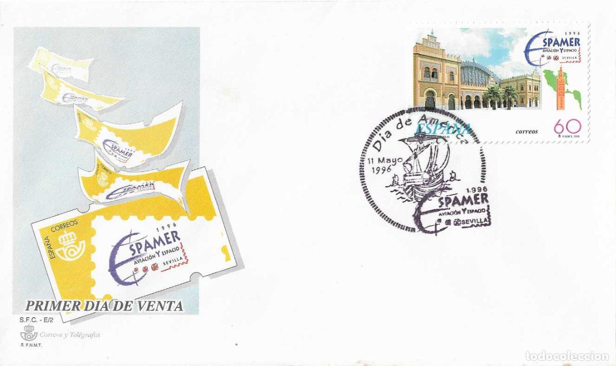 Sellos: BARCOS DIA DE AMERICA EN ESPAMER AVIACION Y ESPACIO, SEVILLA 11 MAYO 1996. MATASELLOS SOBRE SFC RARO