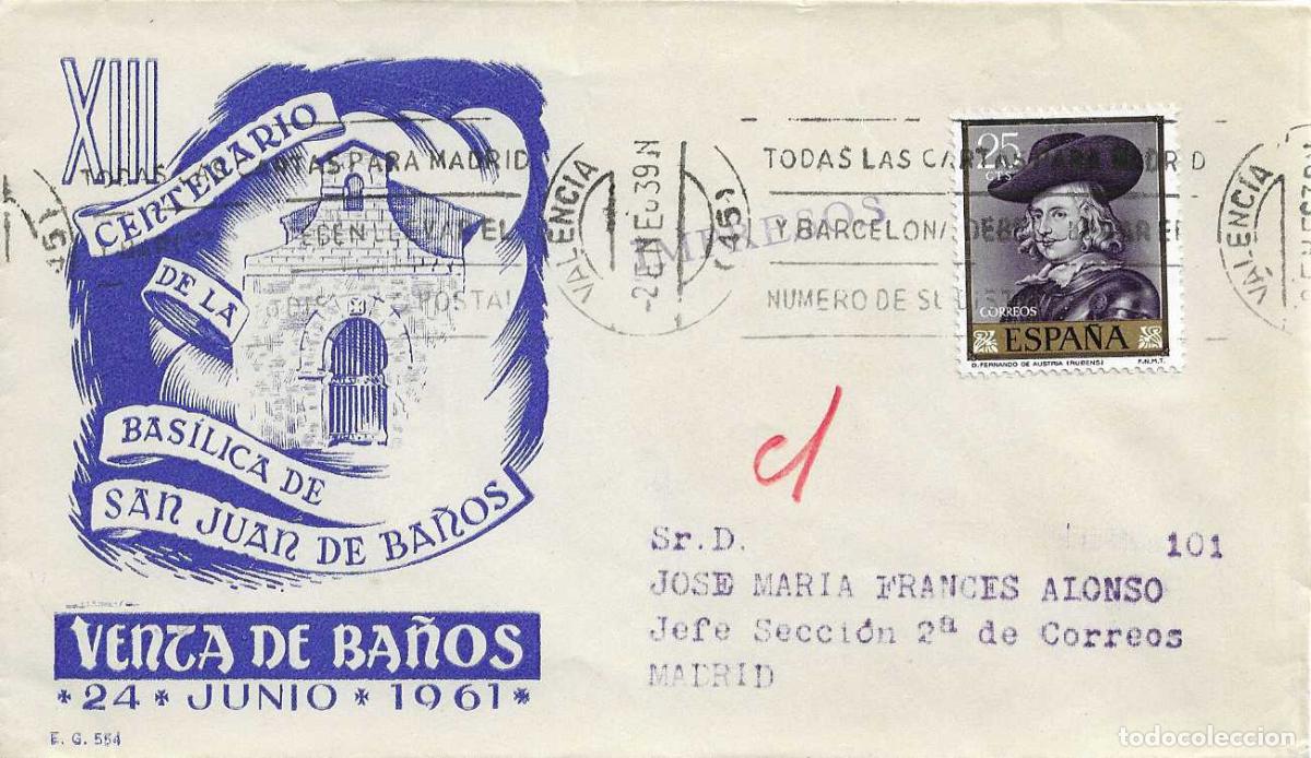 Sellos: BASILICA DE SAN JUAN XIII CENTENARIO VENTA DE BA&Ntilde;OS (PALENCIA) 1961 RARO SOBRE EG RELIGION CIRCULADO