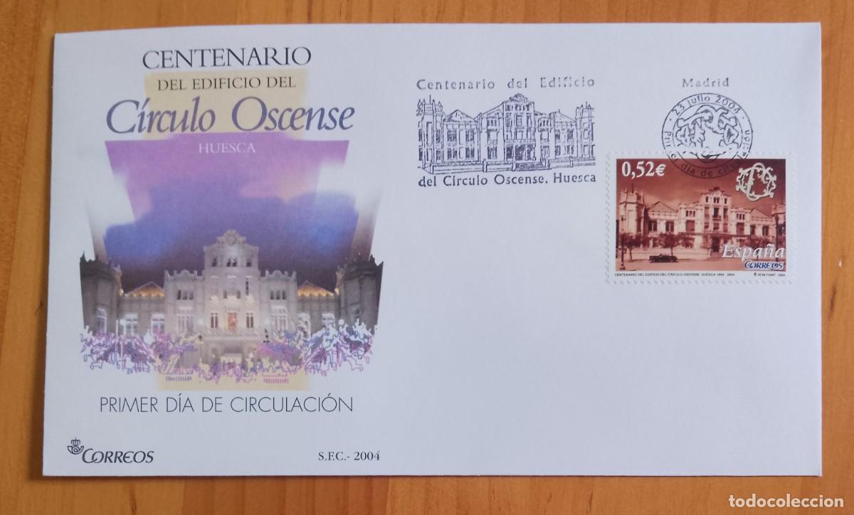 Sellos: ESPA&Ntilde;A, SOBRE PRIMER DIA - A&Ntilde;O 2004 - CENTENARIO DEL EDIFICIO DEL C&Iacute;RCULO OSCENSE, HUESCA. - Foto 1