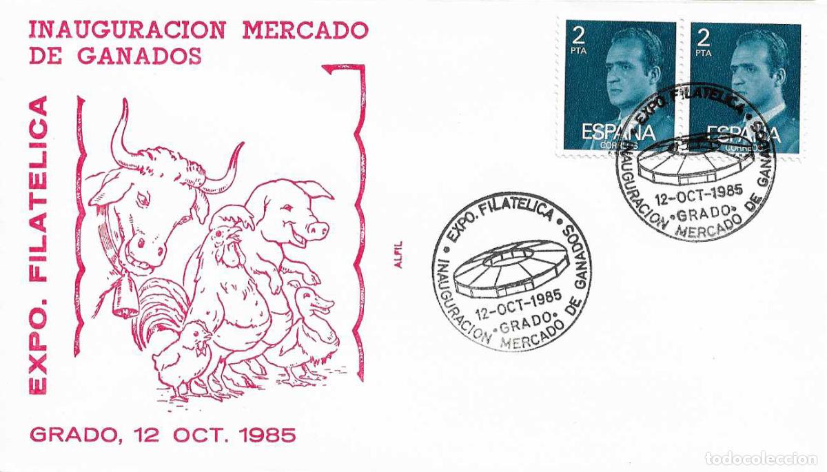 Selos: INAUGURACION MERCADO DE GANADOS EXPOSICION, GRADO (ASTURIAS) 1985. RARO MATASELLOS EN SOBRE DE ALFIL