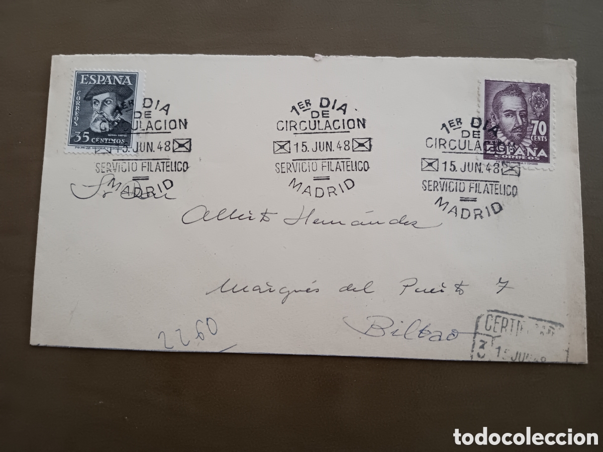 Selos: HERN&Aacute;N CORT&Eacute;S Y MATEO ALEM&Aacute;N - MATASELLOS PRIMERD&Iacute;AS DE CIRCULACI&Oacute;N - 15 JUNIO 1948 - CIRCULADA