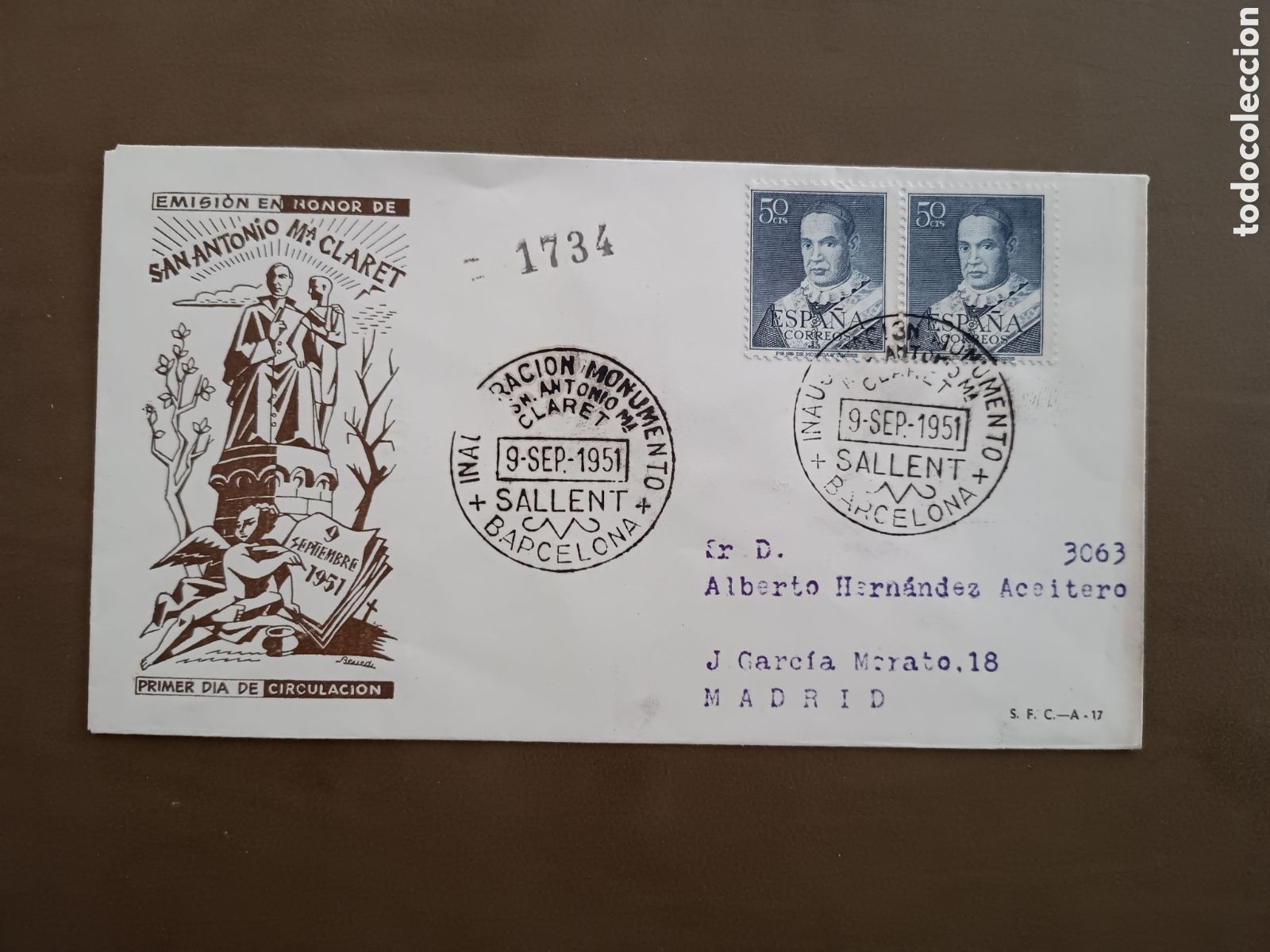 Sellos: INAGURACI&Oacute;N MONUMENTO SAN ANTONIO MARIA CLARET - SALLENT - 9 SEPTIEMBRE 1951 - CIRCULADO