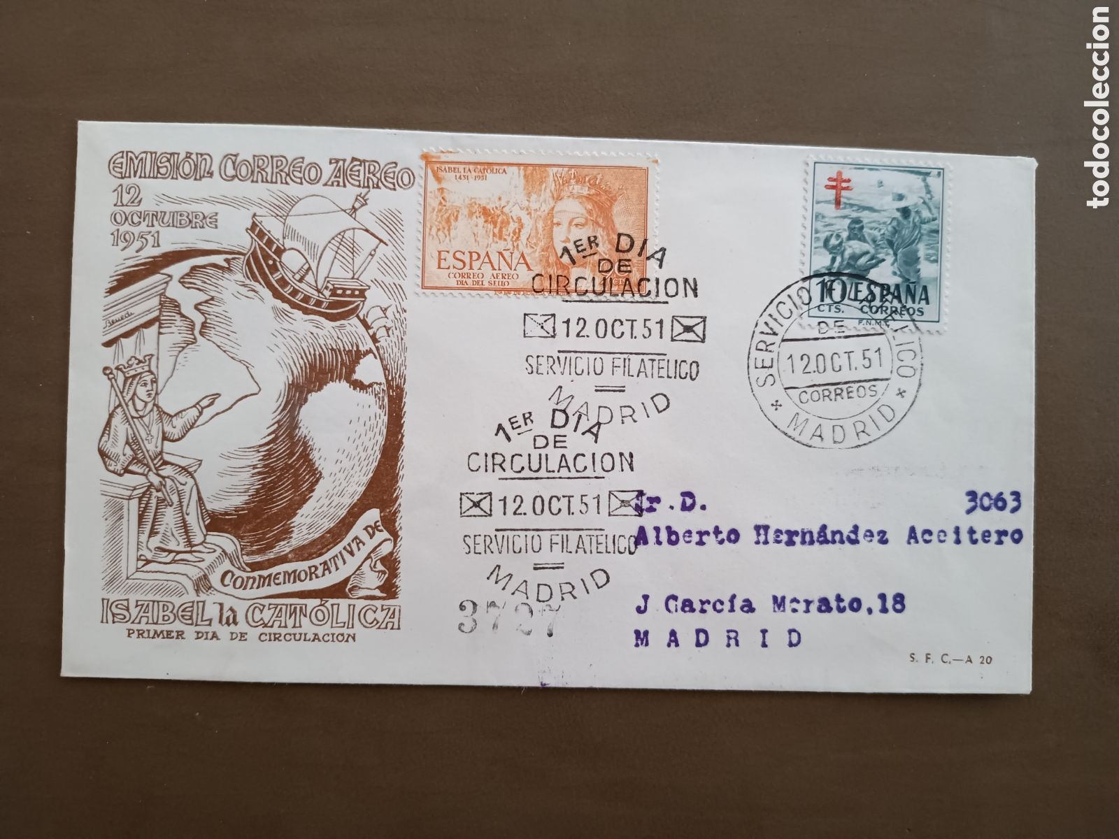 Selos: EMISI&Oacute;N CORREO A&Eacute;REO - CONMEMORATIVA DE ISABEL LA CAT&Oacute;LICA - 12 OCTUBRE 1951 - CIRCULADO