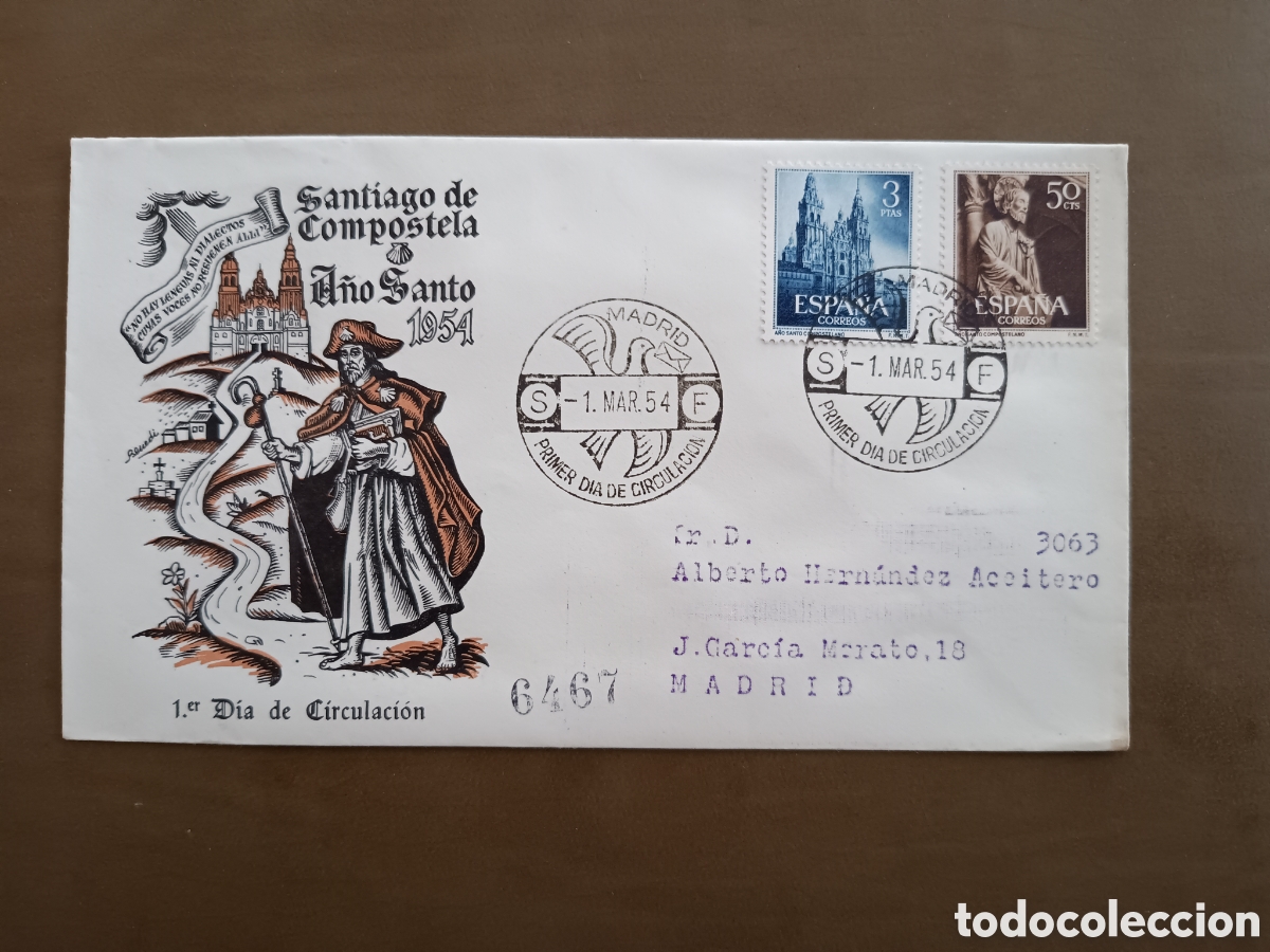 Selos: SANTIIAGO DE COMPOSTELA - A&Ntilde;O SANTO - 1 MARZO 1954 - CIRCULADO