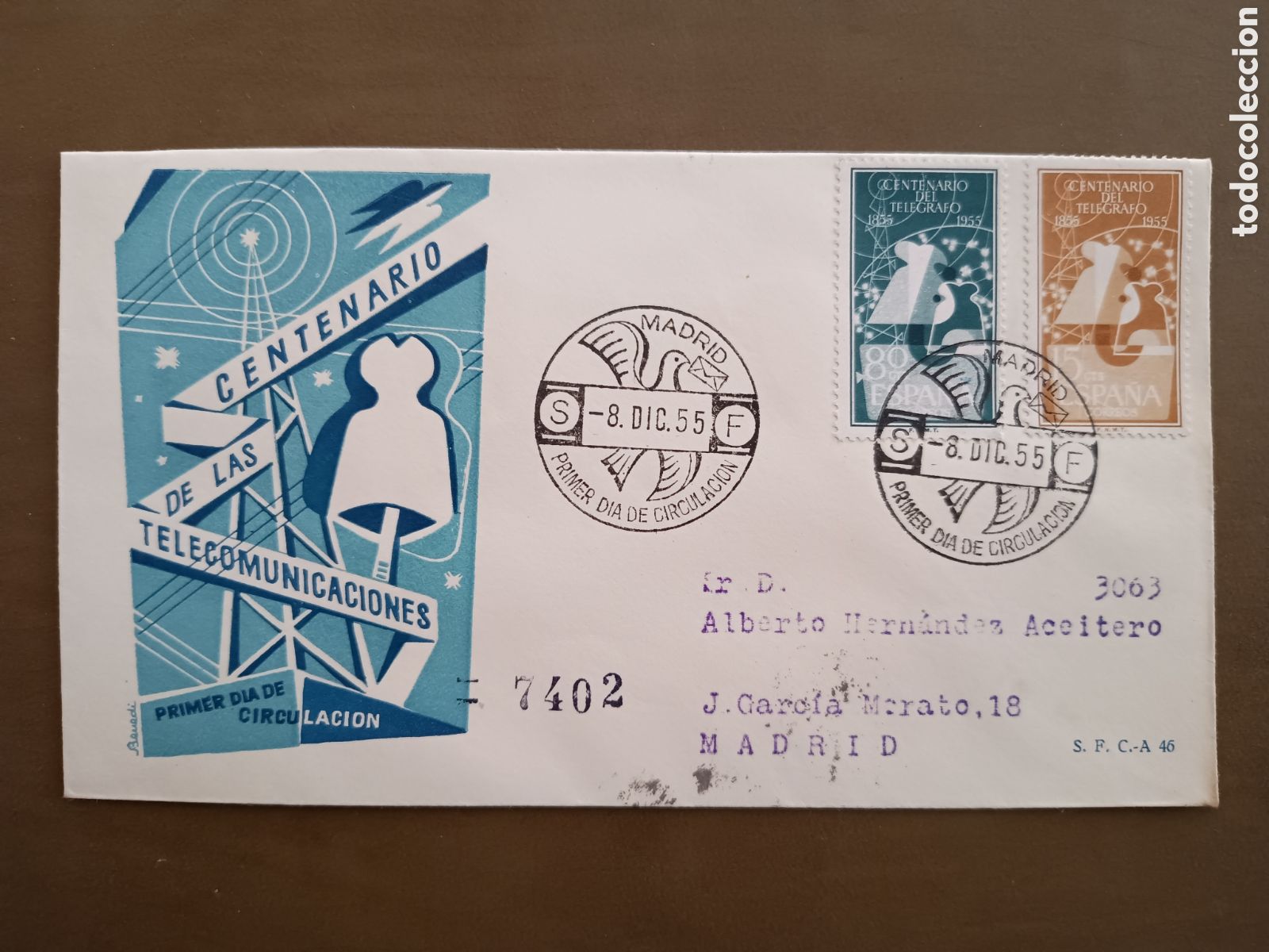 Sellos: CENTENARIO DE LAS TELECOMUNICACIONES - 8 DICIEMBRE 1955 - CIRCULADO