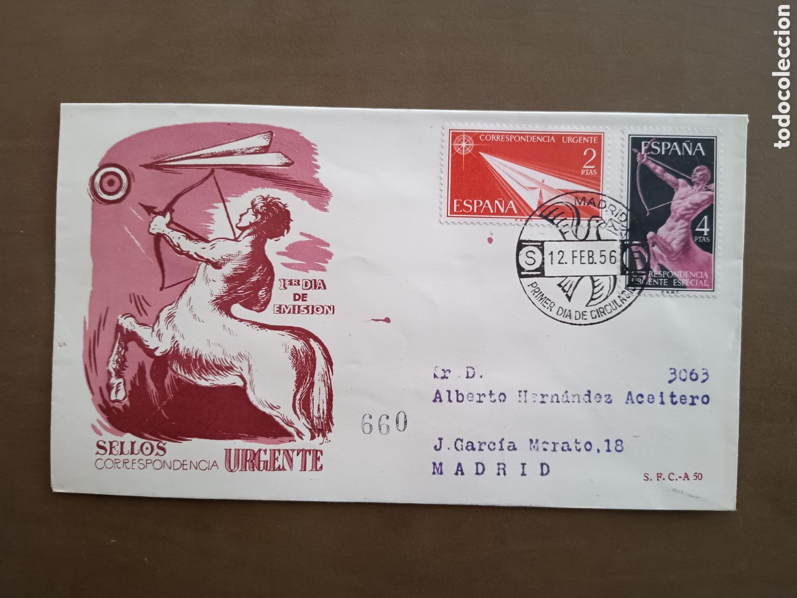 Stamps: SELLOS CORRESPONDENCIA URGENTE - 12 FEBRERO 1956 - CIRCULADO