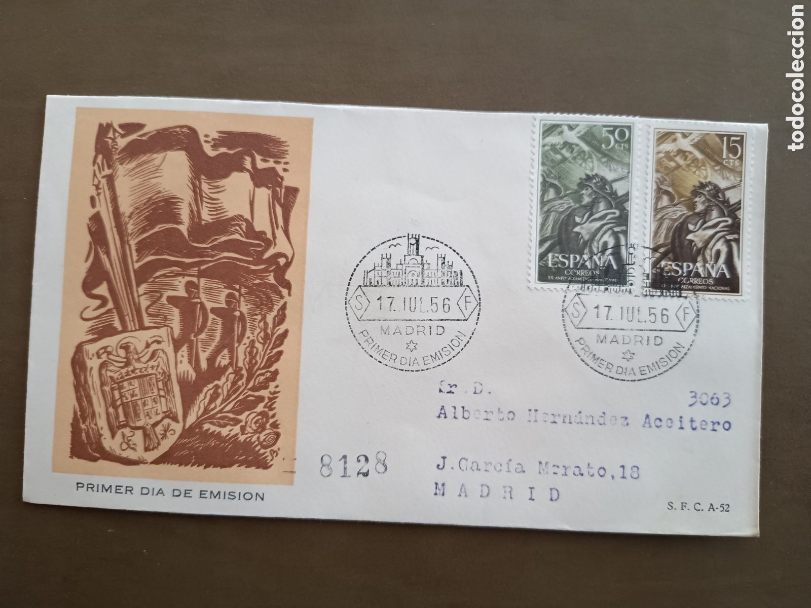 Sellos: XX ANIVERSARIO ALZAMIENTO NACIONAL - 17 JULIO 1956 - CIRCULADO