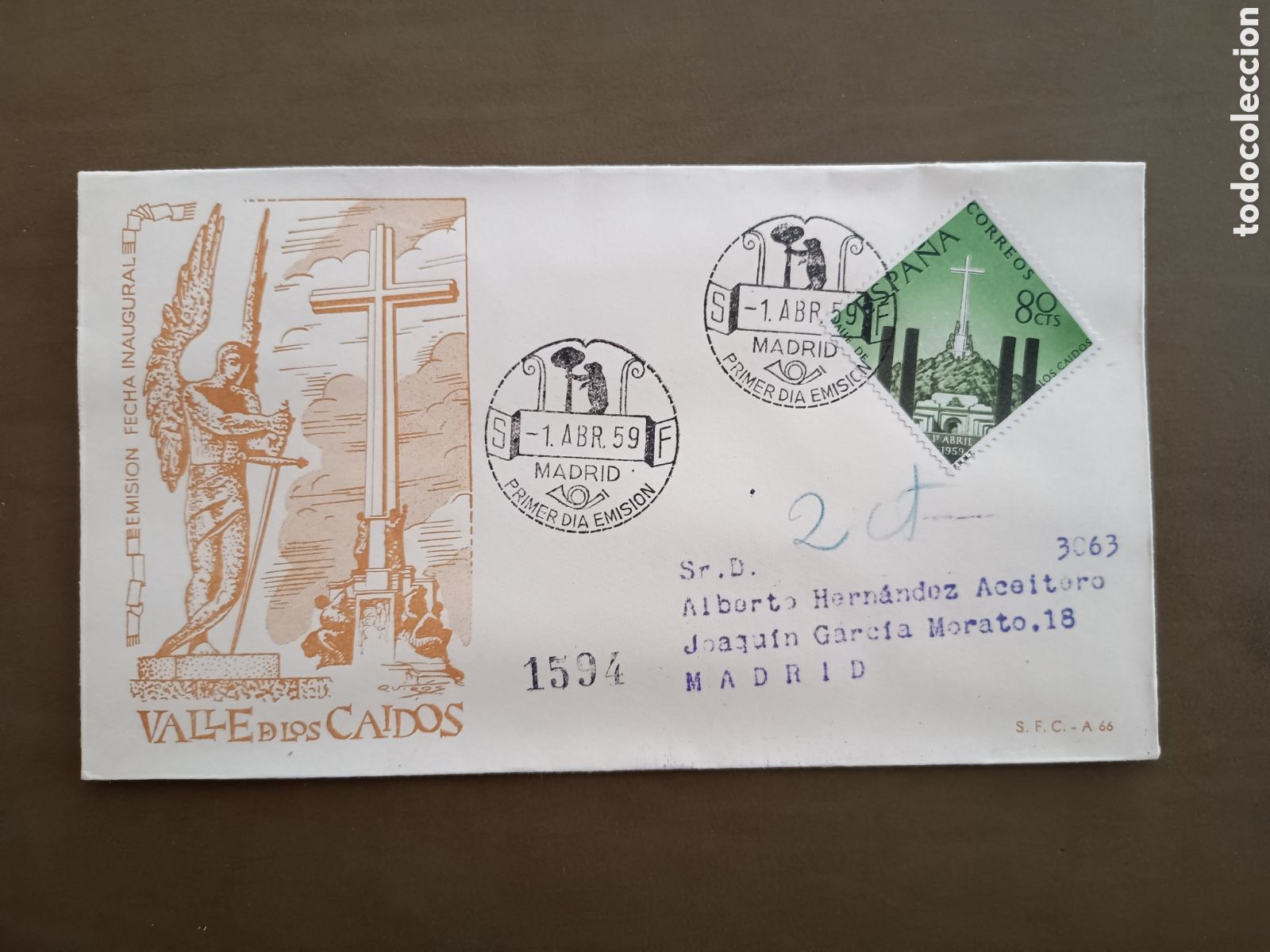 Sellos: VALLE DE LOS CAIDOS - 1 ABRIL 1959 - CIRCULADO