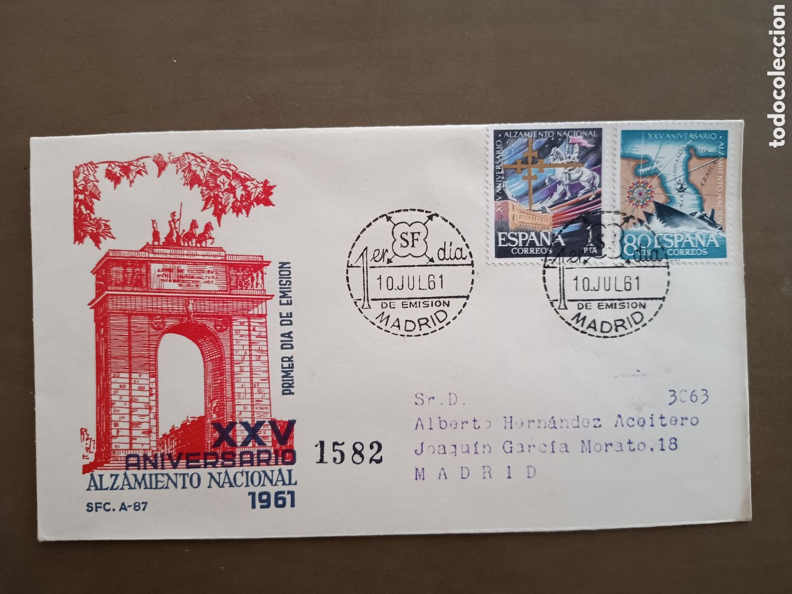 Sellos: XXV ANIVERSARIO ALZAMIENTO NACIONAL - 10 JULIO 1961 - CIRCULADO