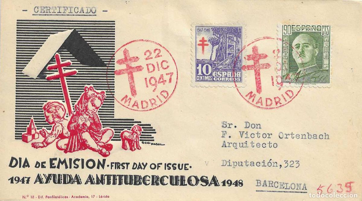 Sellos: PRO TUBERCULOSOS 1947 (EDIFIL 1018) EN SOBRE PRIMER DIA CIRCULADO DE DP BONITO Y RARO ASI