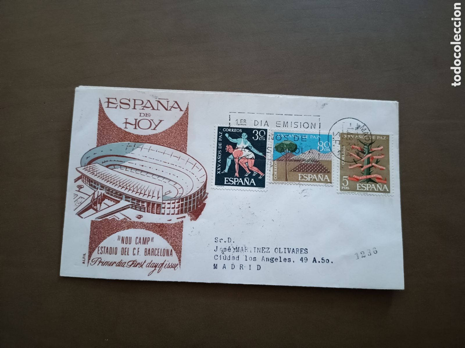 Stamps: ESPA&Ntilde;A DE HOY - NOU CAMP - ESTADIO DEL C.F. BARCELONA - 25 A&Ntilde;OS DE PAZ - 1 ABRIL 1964 - CIRCULADO