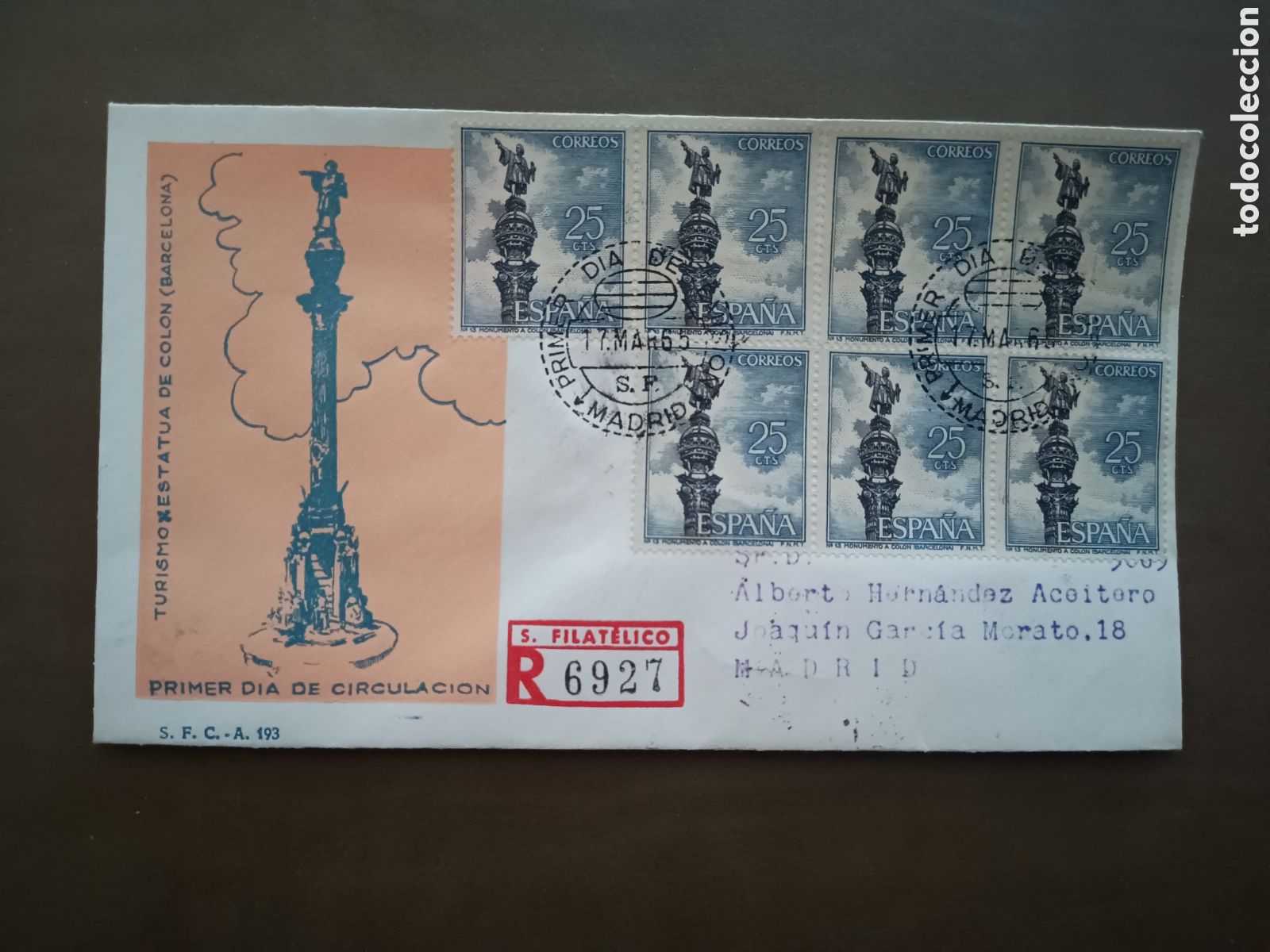 Sellos: TURISMO - ESTATUA DE COL&Oacute;N - BARCELONA - 17 MARZO 1965 - CIRCULADO