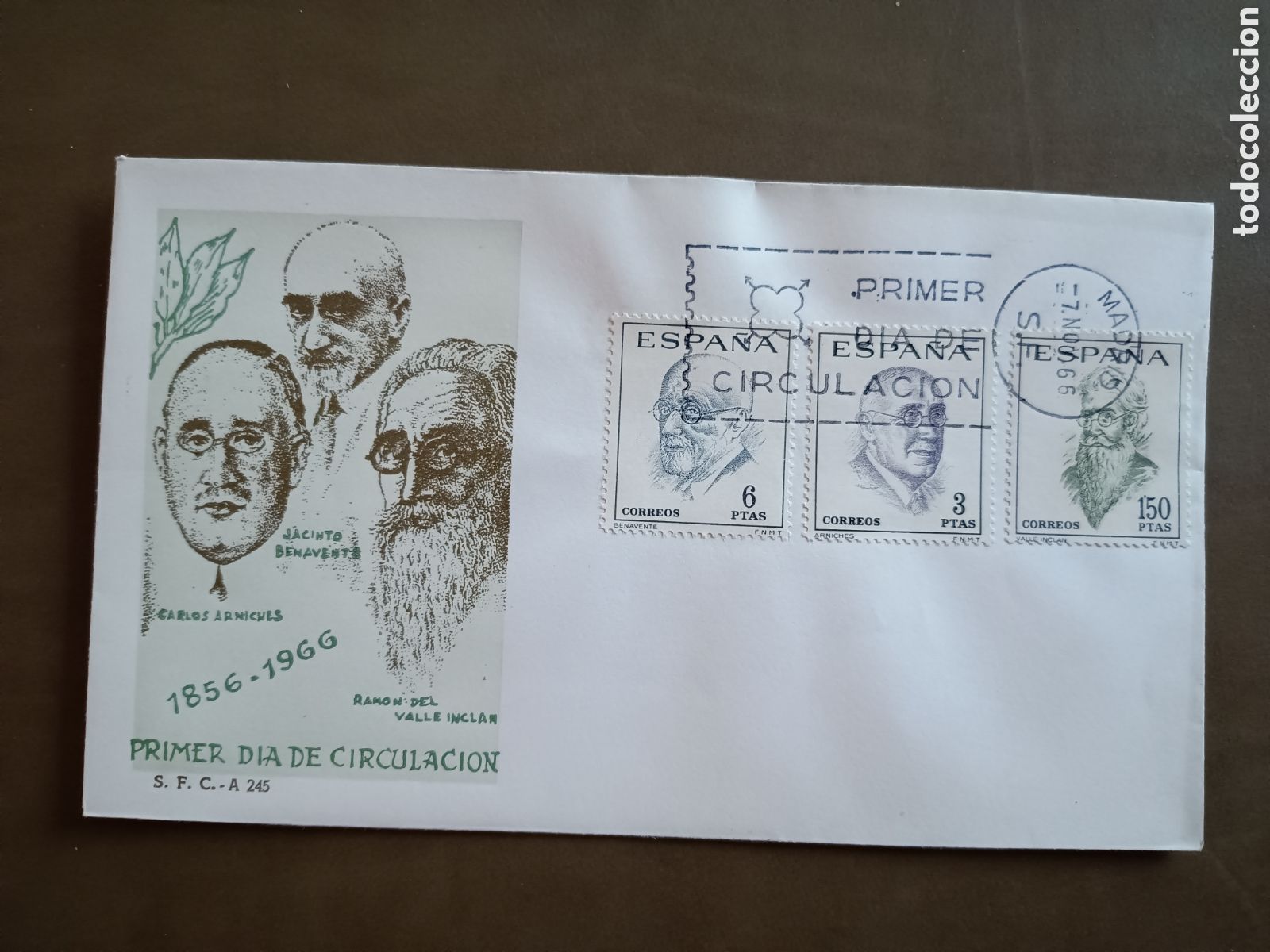 Sellos: 1856 - 1956 - ARNICHES, BENAVENTE, VALLE INCLAN - 7 NOVIEMBRE 1966