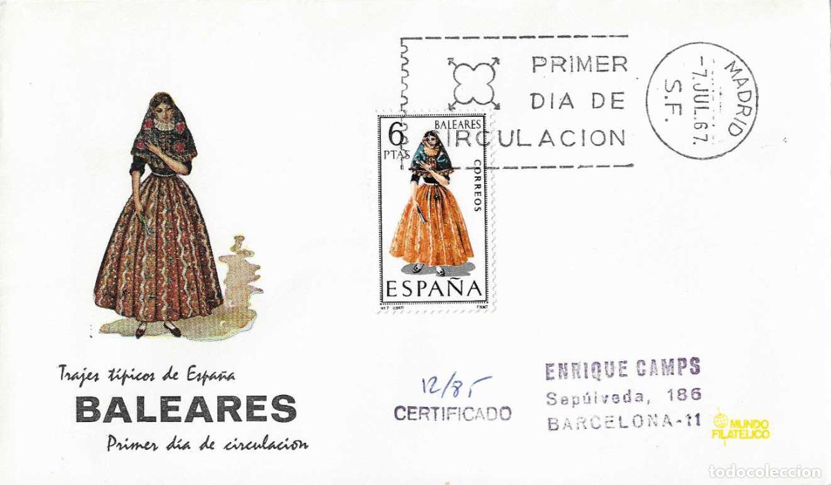 Francobolli: TRAJE DE BALEARES TRAJES TIPICOS ESPA&Ntilde;OLES 1967 (EDIFIL 1773) EN SPD CIRCULADO MUNDO FILATELICO RARO