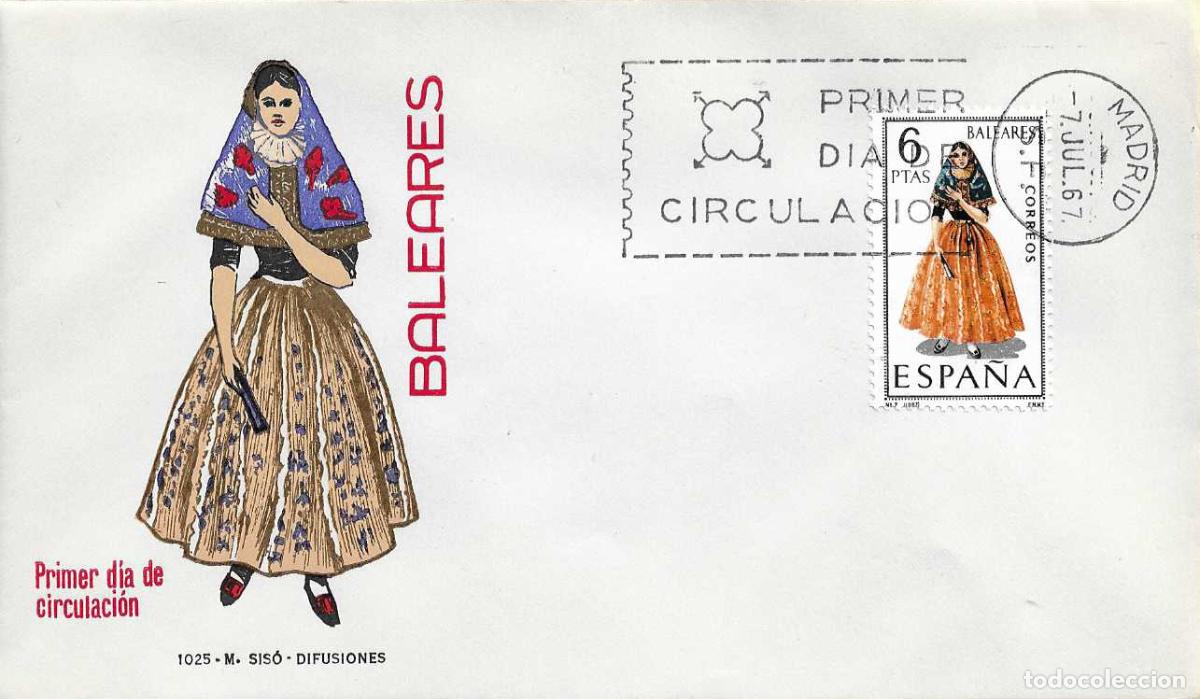 Selos: TRAJE DE BALEARES TRAJES TIPICOS ESPA&Ntilde;OLES 1967 (EDIFIL 1773) SOBRE PRIMER DIA SIN CIRCULAR MS RARO
