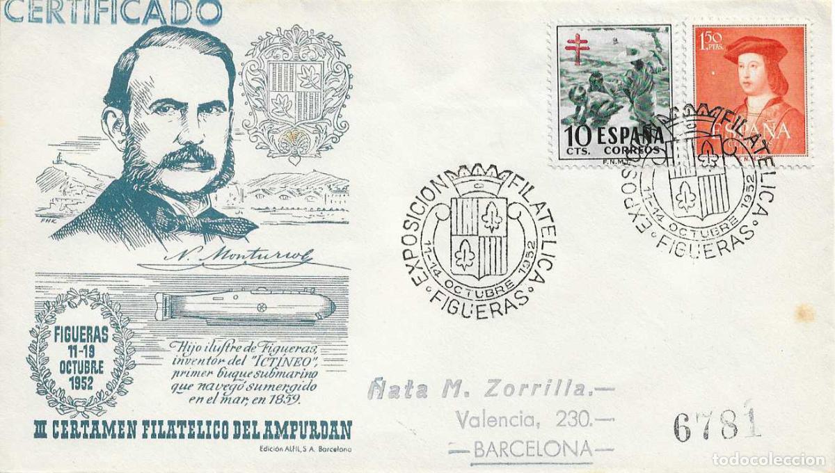 Sellos: SUBMARINO NARCISO MONTURIOL EXPOSICION FIGUERAS (GERONA) 1952. MATASELLOS SOBRE FERNANDO EDIFIL 1109
