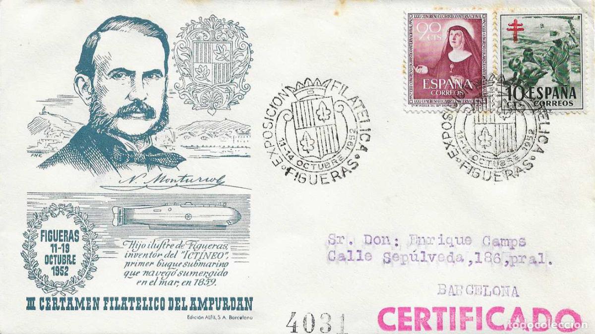 Sellos: SUBMARINO NARCISO MONTURIOL EXPOSICION FIGUERAS (GERONA) 1952. MATASELLOS SOBRE CIRCULADO ALFIL RWR