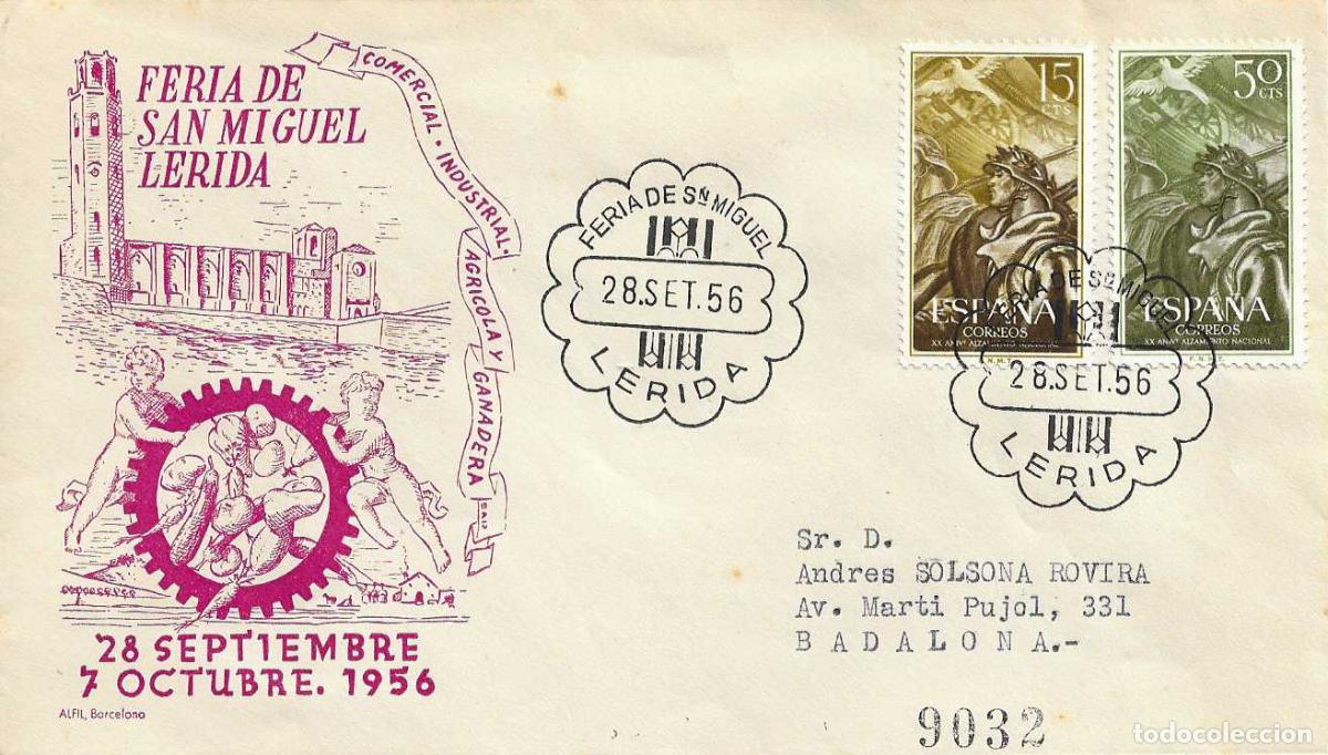 Sellos: SAN MIGUEL FERIA AGRICOLA Y GANADERA, LERIDA 28 SEPTIEMBRE 1956. MATASELLOS EN SOBRE CIRCULADO ALFIL