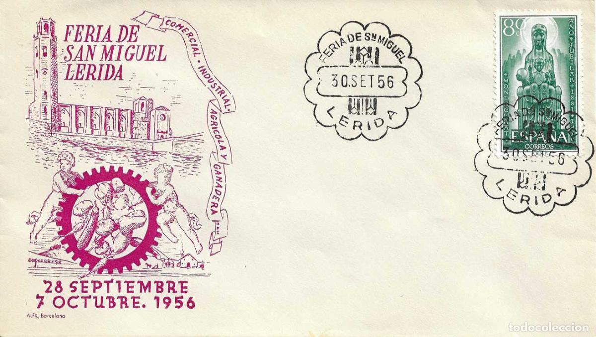 Sellos: SAN MIGUEL FERIA AGRICOLA Y GANADERA, LERIDA 30 SEPTIEMBRE 1956. MATASELLOS SOBRE SIN CIRCULAR ALFIL