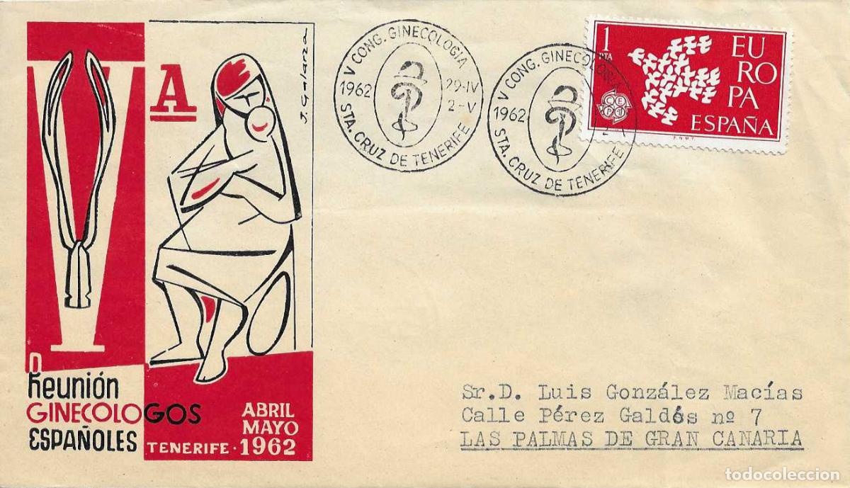 Sellos: MEDICINA GINECOLOGIA V CONGRESO SANTA CRUZ DE TENERIFE CANARIAS 1962 MATASELLOS SOBRE CIRCULADO ROJO