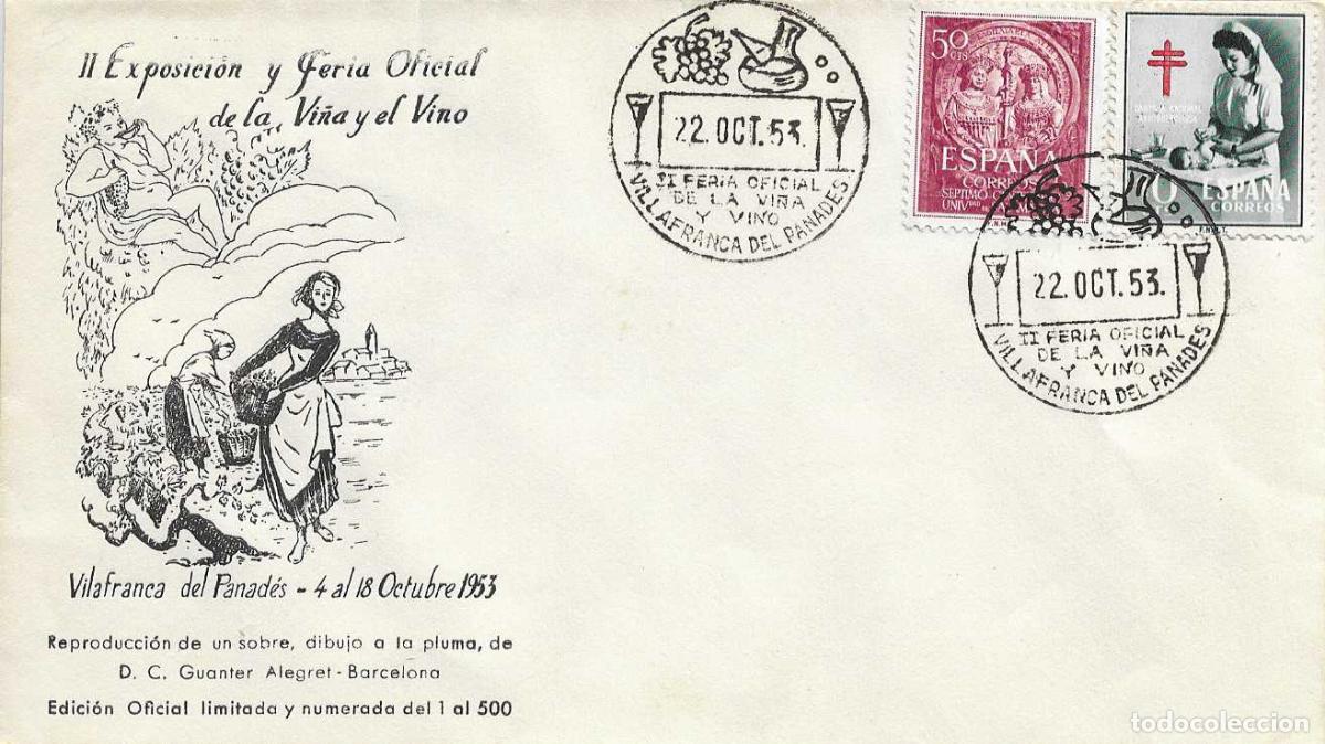 Sellos: VINO II FERIA VI&Ntilde;A, VILLAFRANCA PANADES (BARCELONA) 22 OCTUBRE 1953 MATASELLOS SOBRE SIN CIRCULAR EO