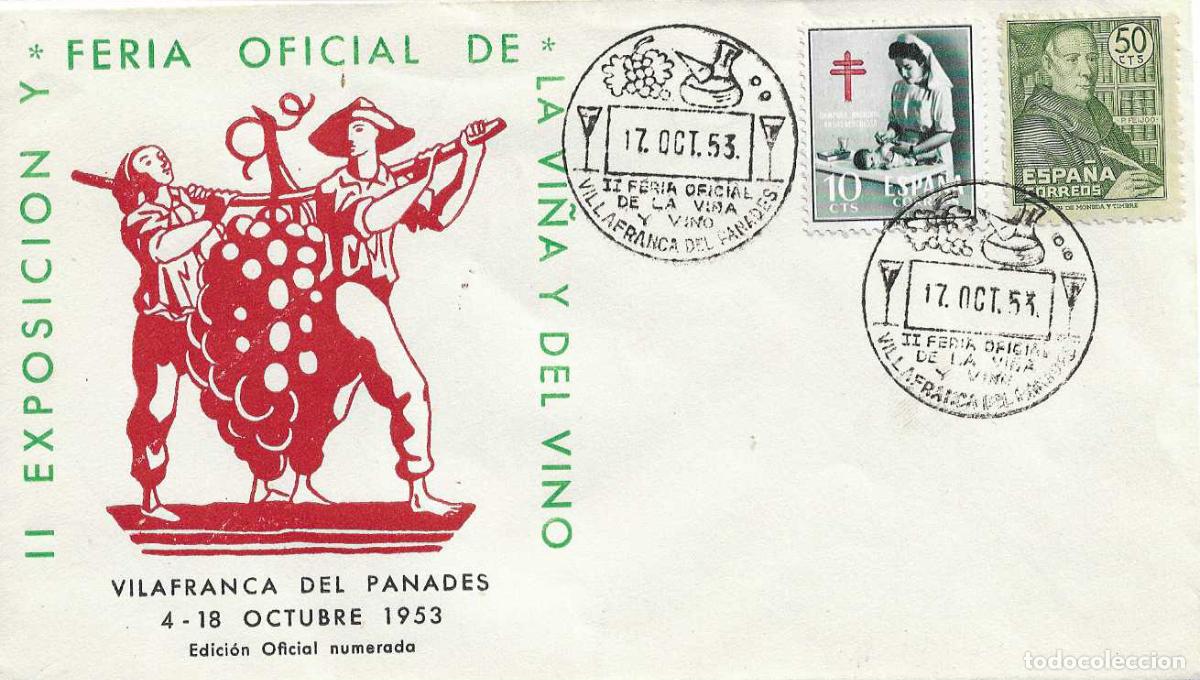 Sellos: VINO II FERIA VI&Ntilde;A, VILLAFRANCA PANADES (BARCELONA) 17 OCTUBRE 1953 MATASELLOS SOBRE SIN CIRCULAR EO