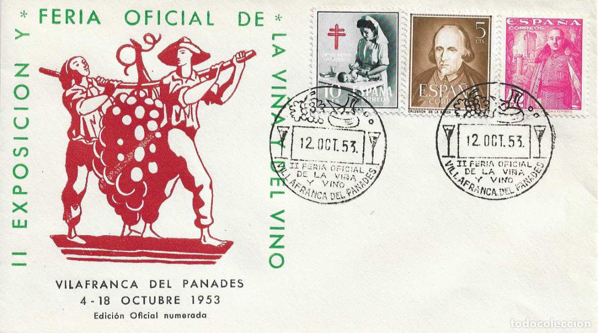 Sellos: VINO II FERIA VI&Ntilde;A, VILLAFRANCA PANADES (BARCELONA) 12 OCTUBRE 1953 MATASELLOS SOBRE SIN CIRCULAR EO