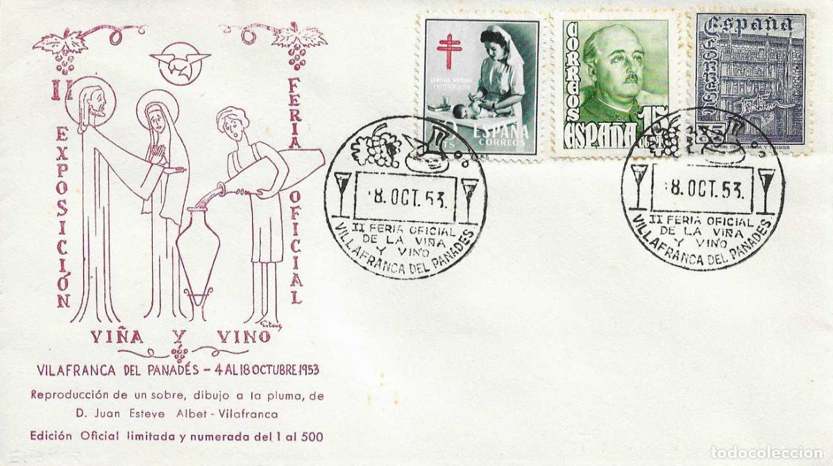 Sellos: VINO II FERIA VI&Ntilde;A, VILLAFRANCA PANADES (BARCELONA) 8 OCTUBRE 1953 MATASELLOS SOBRE SIN CIRCULAR EO