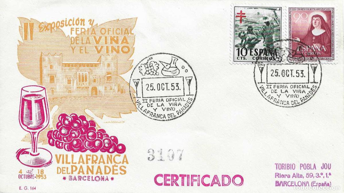 Sellos: VINO II FERIA VI&Ntilde;A VILLAFRANCA DEL PANADES (BARCELONA) 25 OCTUBRE 1953 MATASELLOS SOBRE CIRCULADO EG