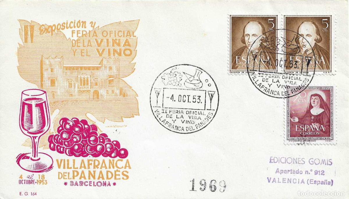 Sellos: VINO II FERIA VI&Ntilde;A, VILLAFRANCA DEL PANADES (BARCELONA) 4 OCTUBRE 1953 MATASELLOS SOBRE CIRCULADO EG