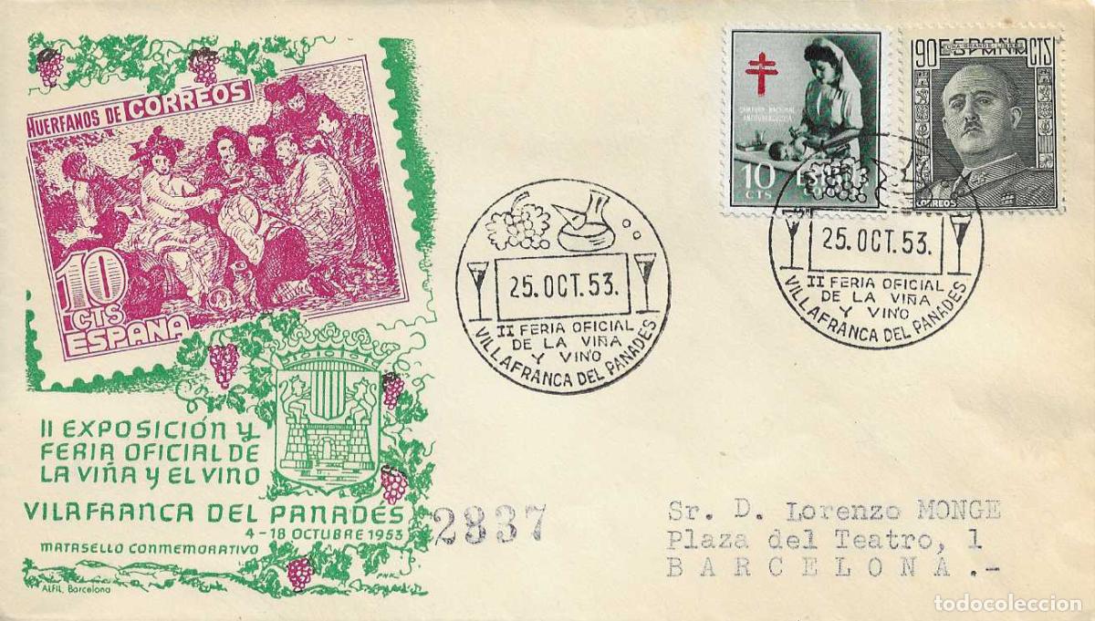 Sellos: VINO II FERIA VI&Ntilde;A, VILLAFRANCA PANADES (BARCELONA) 25 OCTUBRE 1953 MATASELLOS SOBRE CIRCULADO ALFIL