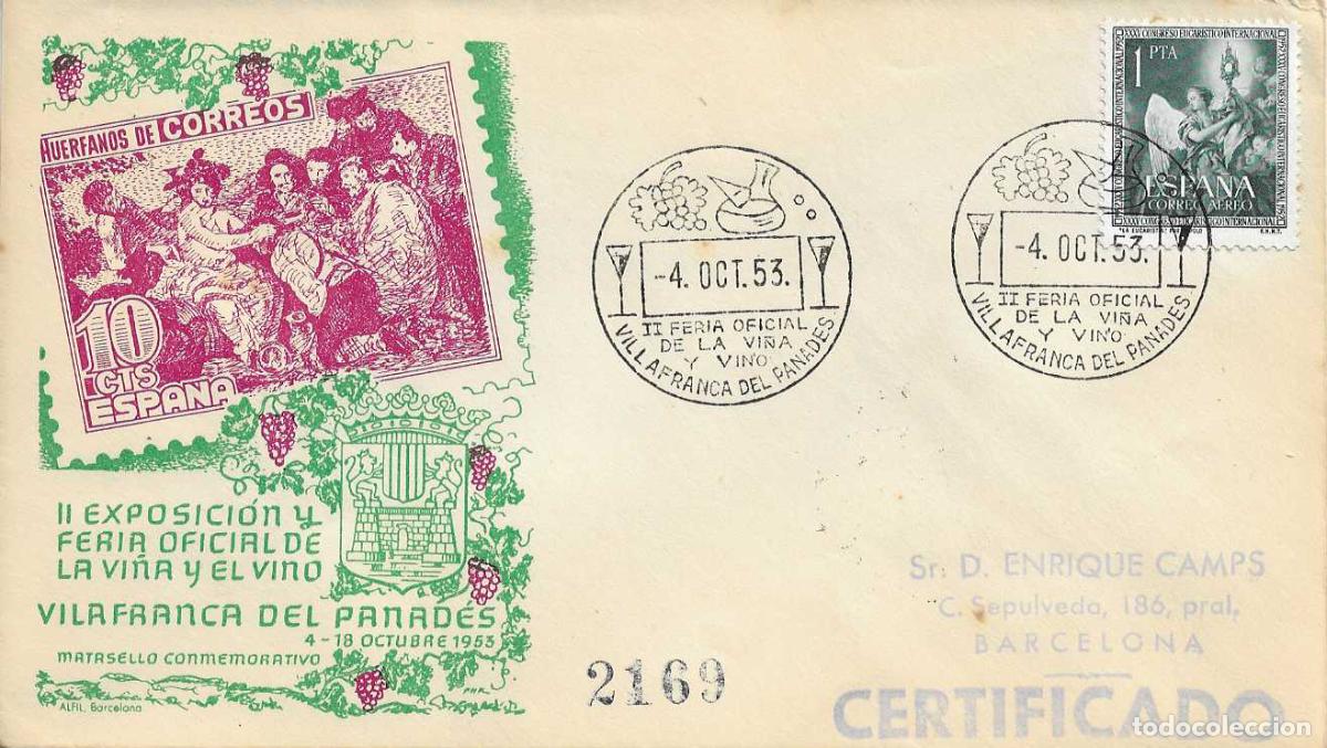 Sellos: VINO II FERIA VI&Ntilde;A, VILLAFRANCA PANADES (BARCELONA) 4 OCTUBRE 1953. MATASELLOS SOBRE CIRCULADO ALFIL