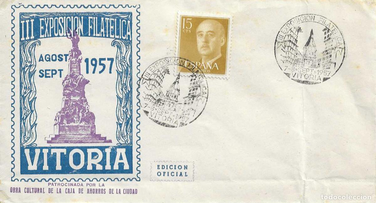 Selos: III EXPOSICION FILATELICA, VITORIA (ALAVA) 1957 MATASELLOS IGLESIA SOBRE EO SERIE D VER REVERSO RARO