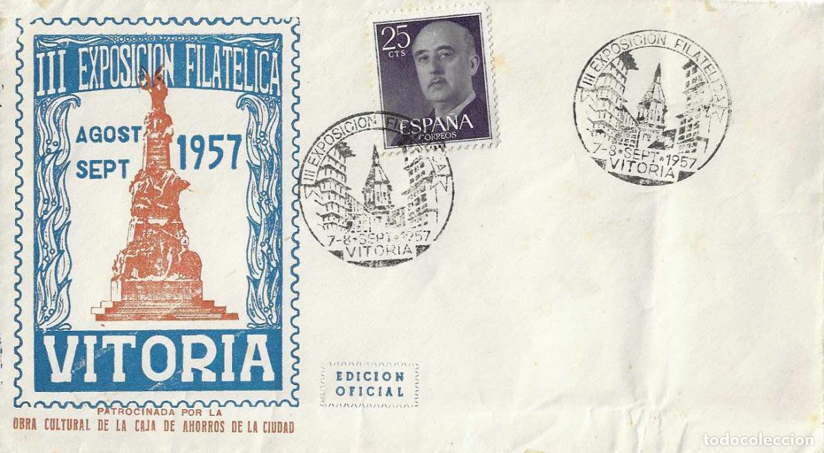 Sellos: III EXPOSICION FILATELICA, VITORIA (ALAVA) 1957 MATASELLOS IGLESIA SOBRE EO SERIE B VER REVERSO RARO
