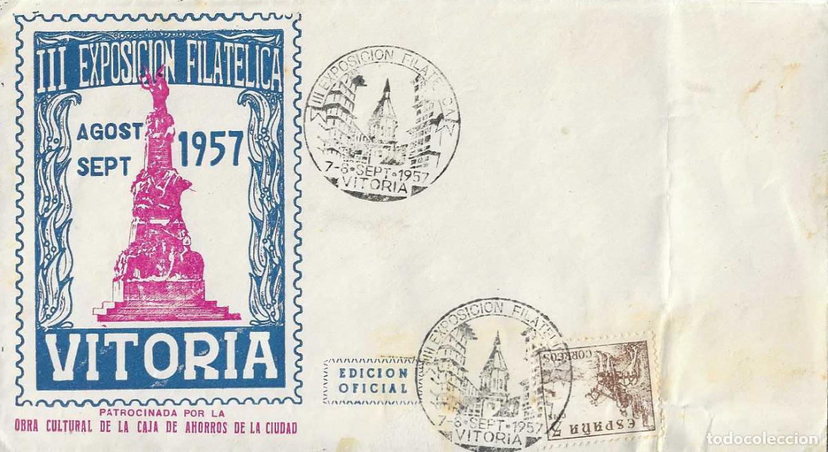 Sellos: III EXPOSICION FILATELICA, VITORIA (ALAVA) 1957 MATASELLOS IGLESIA SOBRE EO SERIE A VER REVERSO RARO