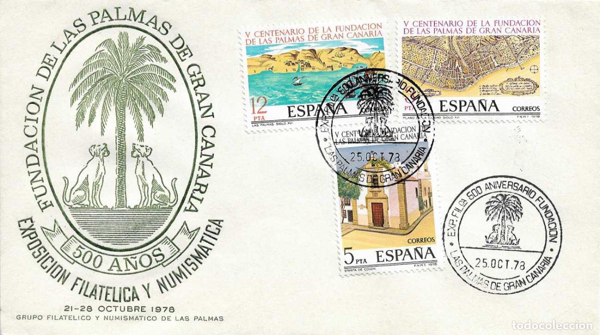 Sellos: EXPOSICION 500 ANIV FUNDACION, LAS PALMAS (CANARIAS) 25 OCTUBRE 1978. RARO MATASELLOS EN SOBRE VERDE